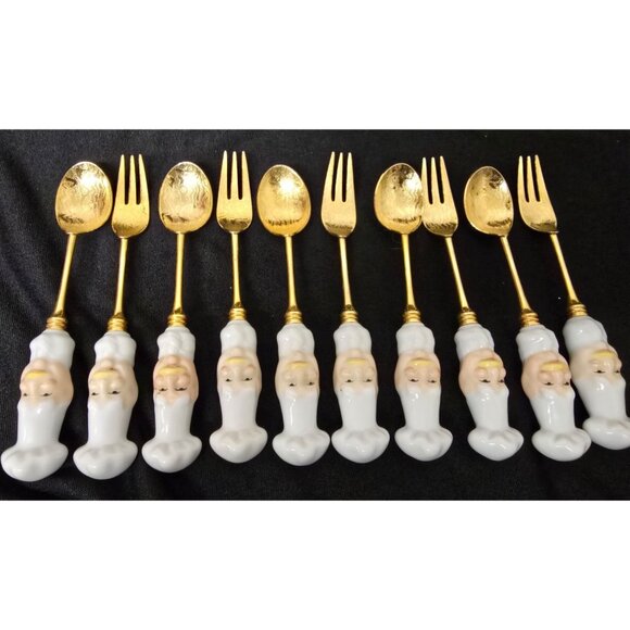 10 Gold Plated Fork & Spoons Chef Hat Porcelain Handles - Picture 4 of 5